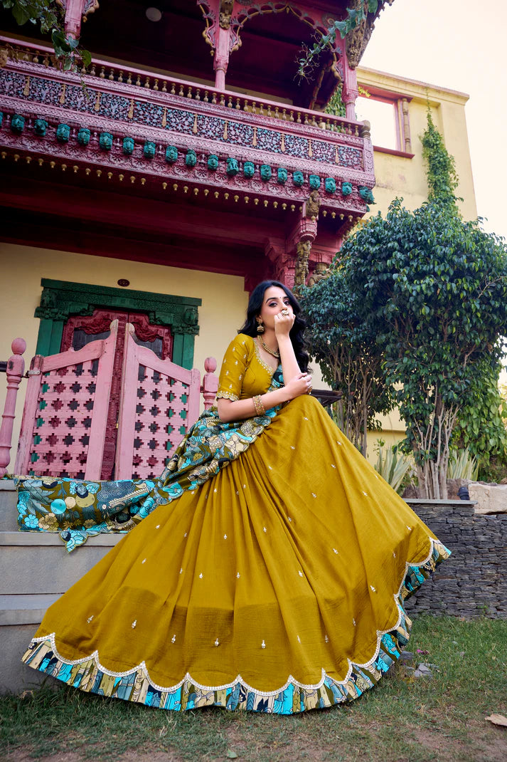 VICHITRA SILK THREAD EMBROIDERED AND KALAMKARI PRINTED LEHENGA CHOLI WITH DUPATTA(WD76) (03)