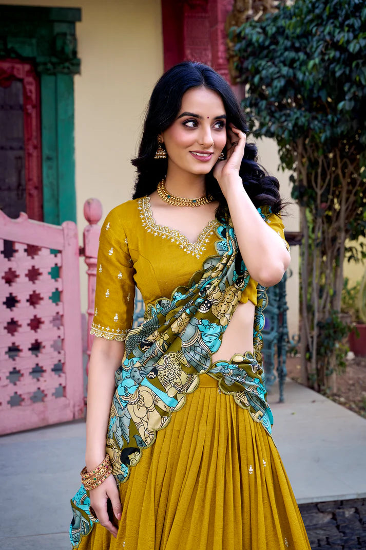 VICHITRA SILK THREAD EMBROIDERED AND KALAMKARI PRINTED LEHENGA CHOLI WITH DUPATTA(WD76) (03)