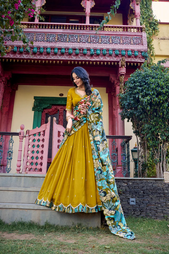 VICHITRA SILK THREAD EMBROIDERED AND KALAMKARI PRINTED LEHENGA CHOLI WITH DUPATTA(WD76) (03)
