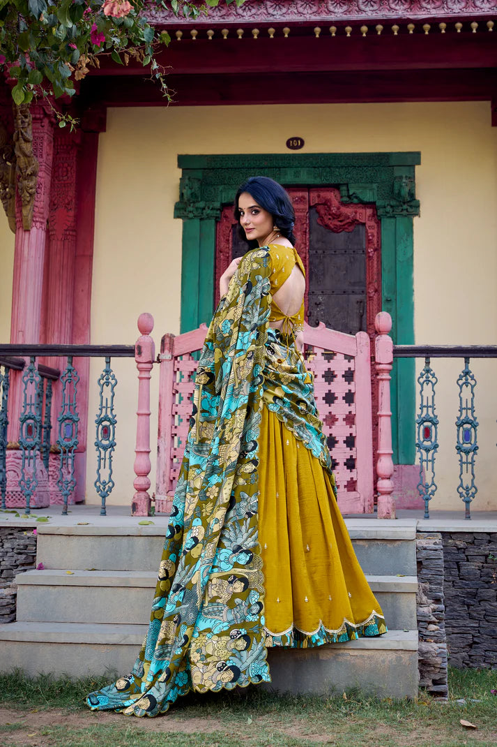VICHITRA SILK THREAD EMBROIDERED AND KALAMKARI PRINTED LEHENGA CHOLI WITH DUPATTA(WD76) (03)