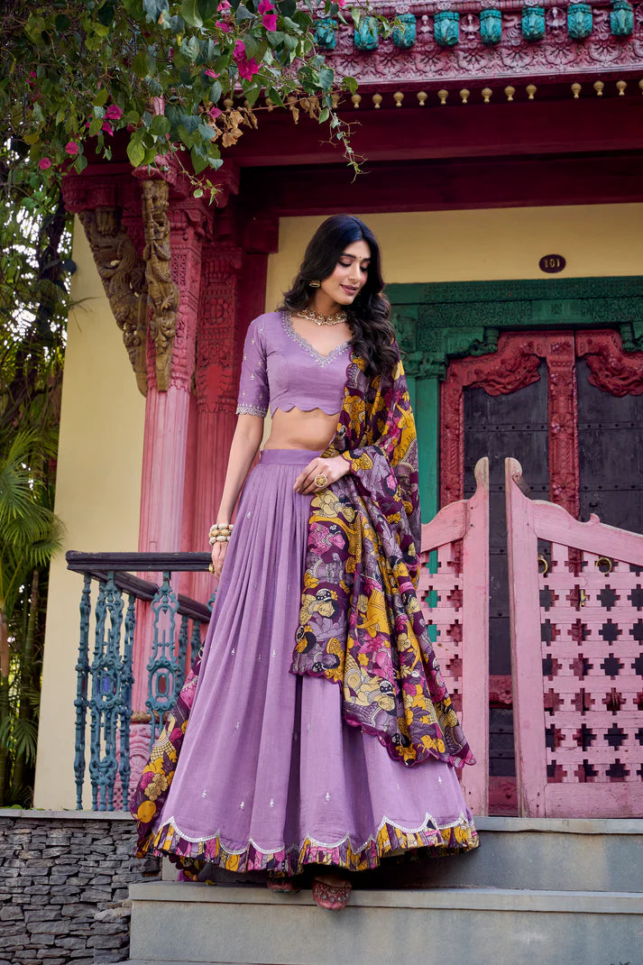 VICHITRA SILK THREAD EMBROIDERED AND KALAMKARI PRINTED LEHENGA CHOLI WITH DUPATTA(WD76) (02)