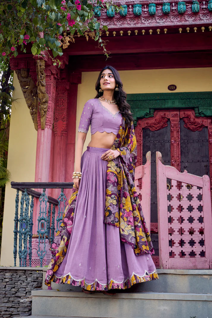 VICHITRA SILK THREAD EMBROIDERED AND KALAMKARI PRINTED LEHENGA CHOLI WITH DUPATTA(WD76) (02)