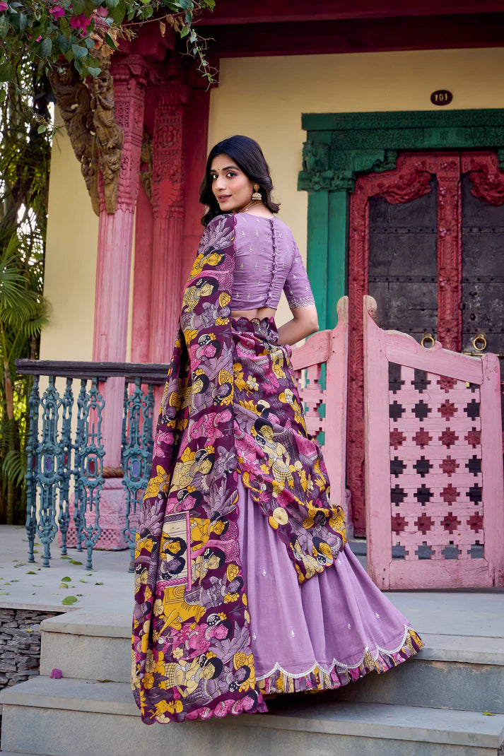 VICHITRA SILK THREAD EMBROIDERED AND KALAMKARI PRINTED LEHENGA CHOLI WITH DUPATTA(WD76) (02)