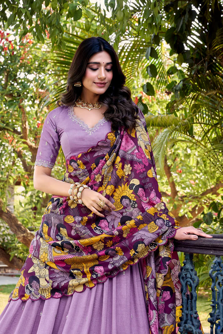 VICHITRA SILK THREAD EMBROIDERED AND KALAMKARI PRINTED LEHENGA CHOLI WITH DUPATTA(WD76) (02)