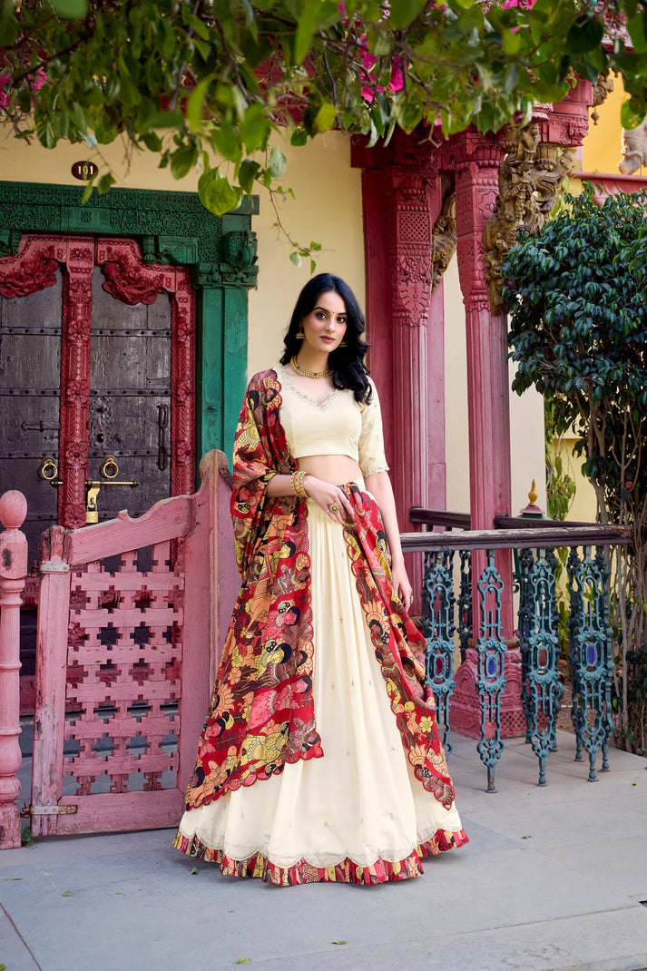 VICHITRA SILK THREAD EMBROIDERED AND KALAMKARI PRINTED LEHENGA CHOLI WITH DUPATTA(WD76) (01)