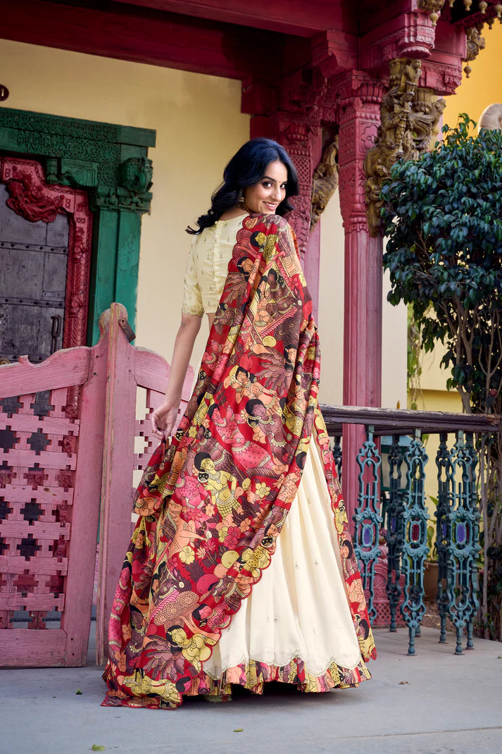 VICHITRA SILK THREAD EMBROIDERED AND KALAMKARI PRINTED LEHENGA CHOLI WITH DUPATTA(WD76) (01)