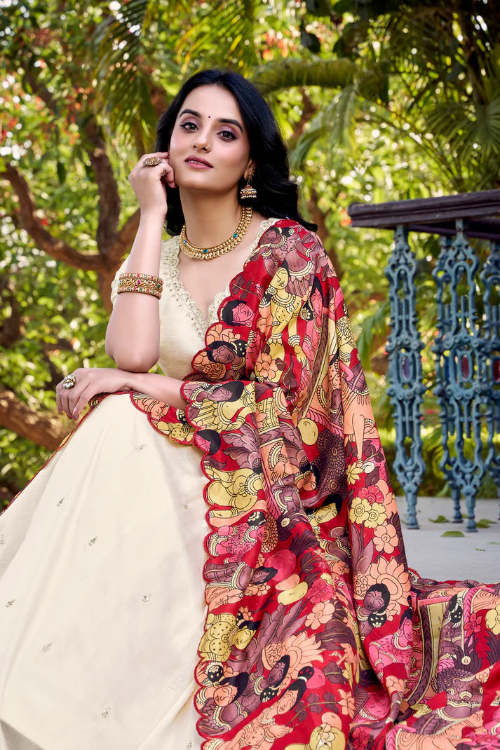 VICHITRA SILK THREAD EMBROIDERED AND KALAMKARI PRINTED LEHENGA CHOLI WITH DUPATTA(WD76) (01)