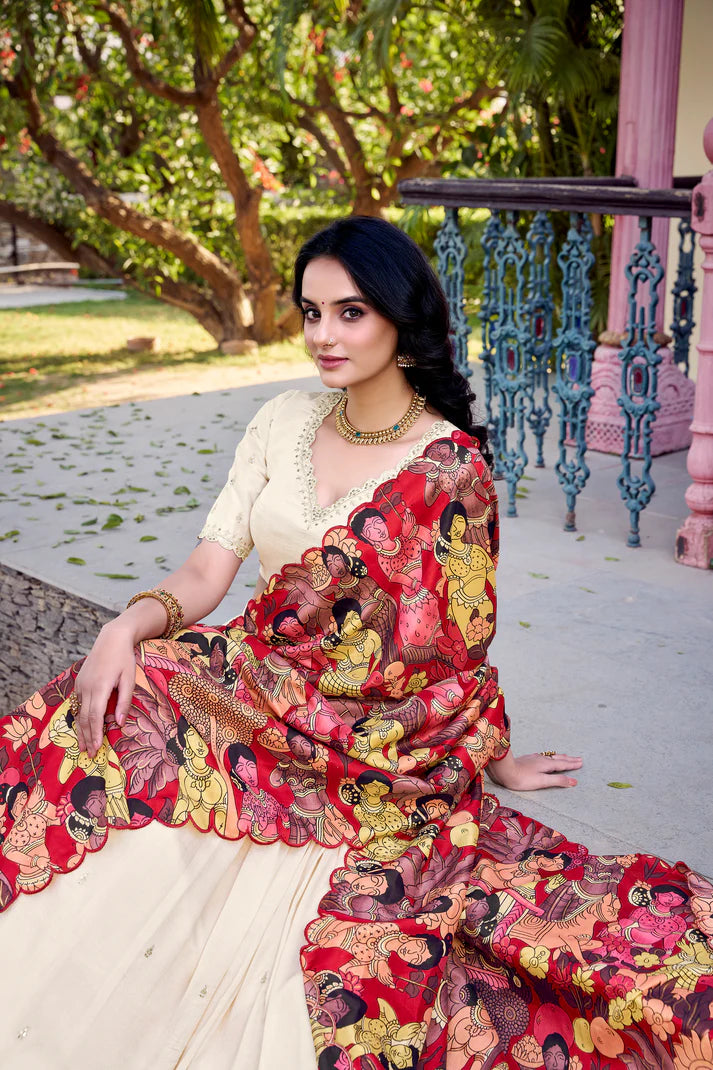 VICHITRA SILK THREAD EMBROIDERED AND KALAMKARI PRINTED LEHENGA CHOLI WITH DUPATTA(WD76) (01)