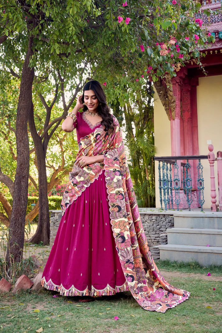VICHITRA SILK THREAD EMBROIDERED AND KALAMKARI PRINTED LEHENGA CHOLI WITH DUPATTA(WD76)