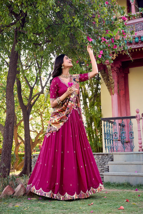 VICHITRA SILK THREAD EMBROIDERED AND KALAMKARI PRINTED LEHENGA CHOLI WITH DUPATTA(WD76)