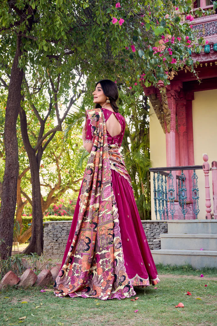 VICHITRA SILK THREAD EMBROIDERED AND KALAMKARI PRINTED LEHENGA CHOLI WITH DUPATTA(WD76)