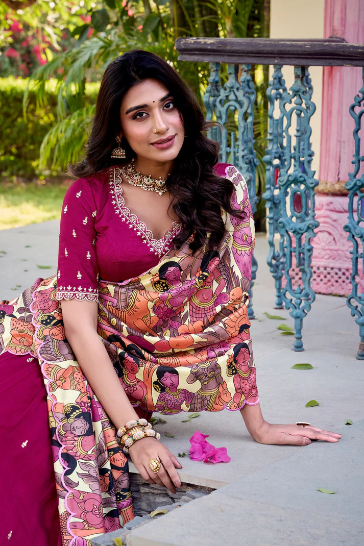 VICHITRA SILK THREAD EMBROIDERED AND KALAMKARI PRINTED LEHENGA CHOLI WITH DUPATTA(WD76)