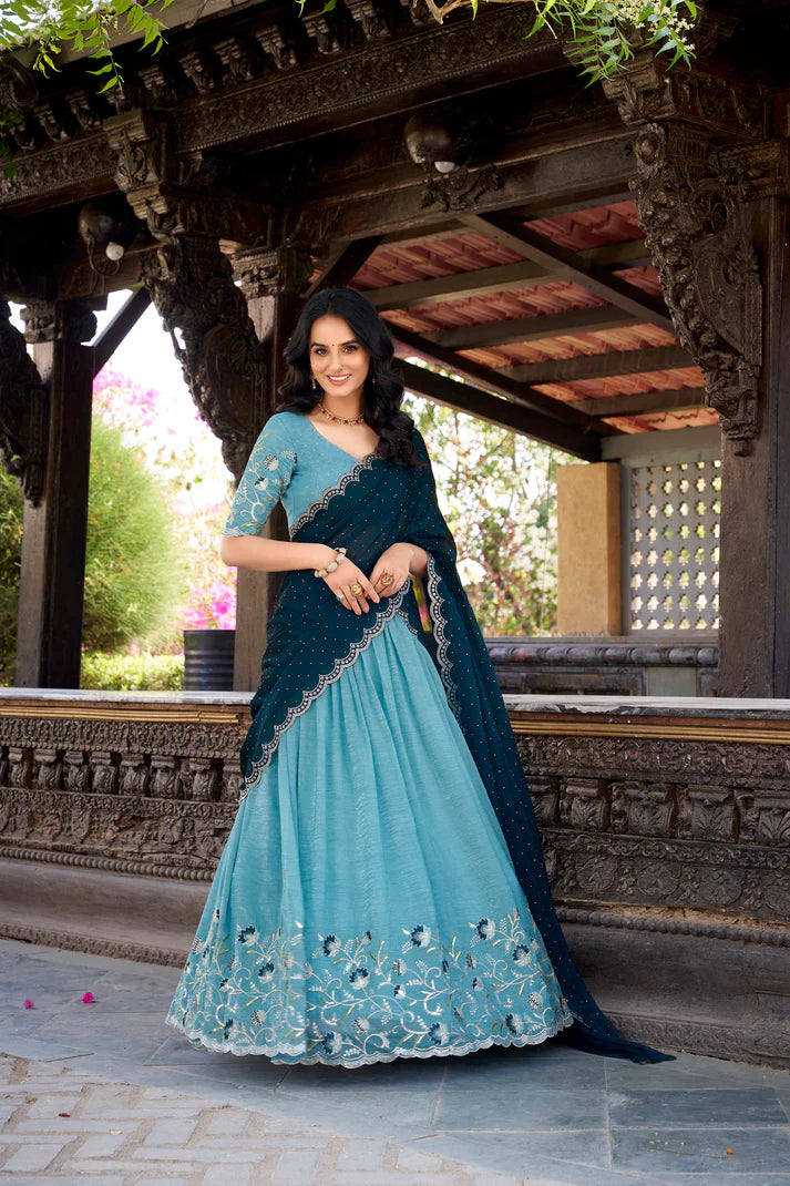 SILVER GLOSY EMBROIDERED WITH HOTFIX LEHENGA CHOLI WITH DUPATTA(WD89)(02)