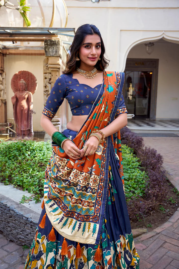 KALAMKARI TUSSAR SILK LEHENGA CHOLI WITH DUPATTA(WD100) (02)