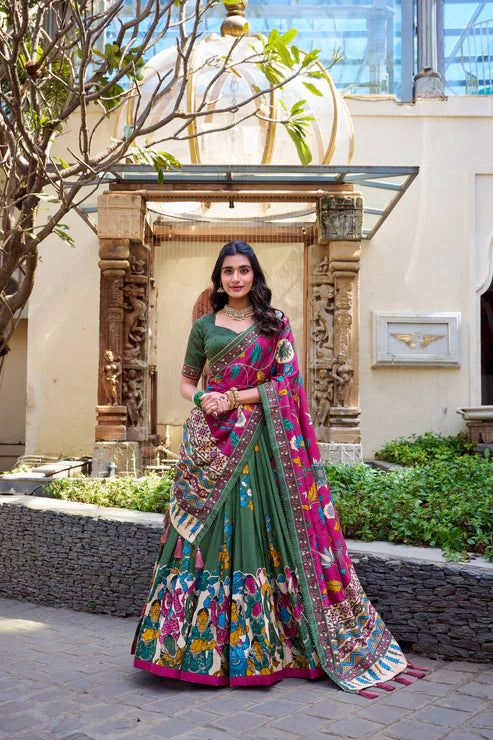 KALAMKARI TUSSAR SILK LEHENGA CHOLI WITH DUPATTA(WD100)