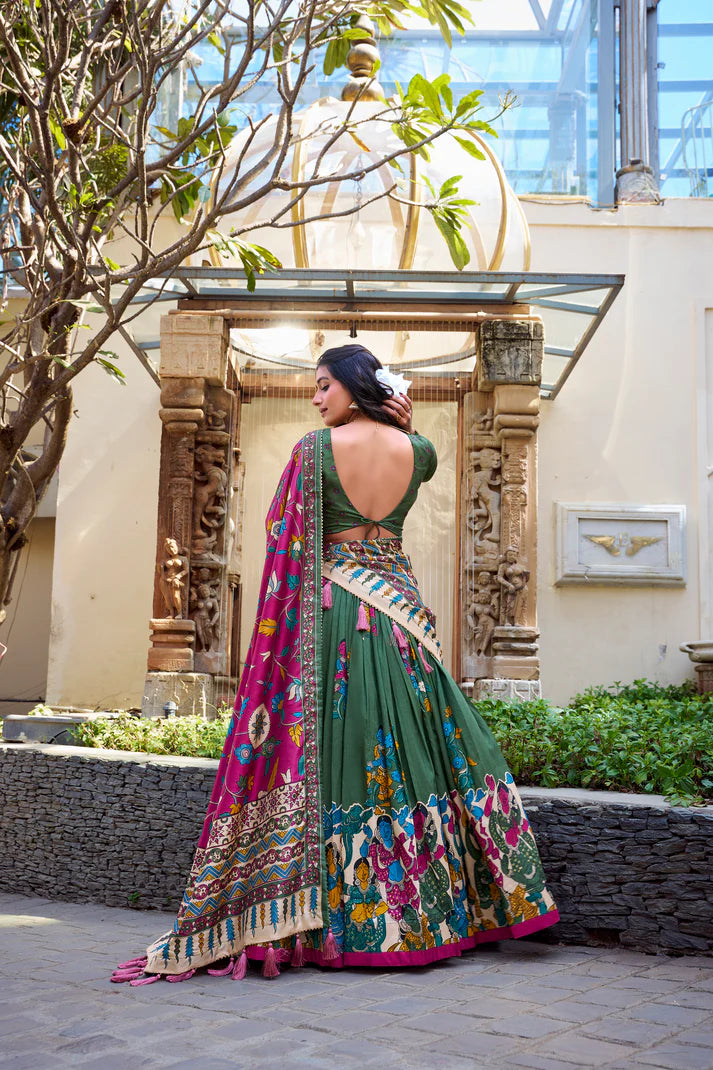 KALAMKARI TUSSAR SILK LEHENGA CHOLI WITH DUPATTA(WD100)