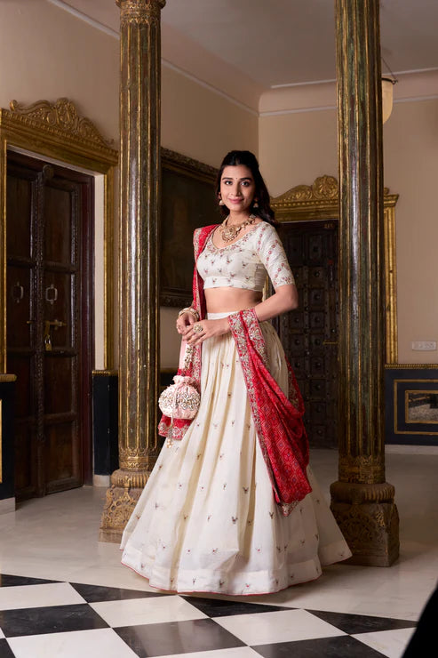 VICHITRA SILK EMBROIDERED LEHENGA CHOLI WITH BADHEJ PRINT DUPATTA(WD74)