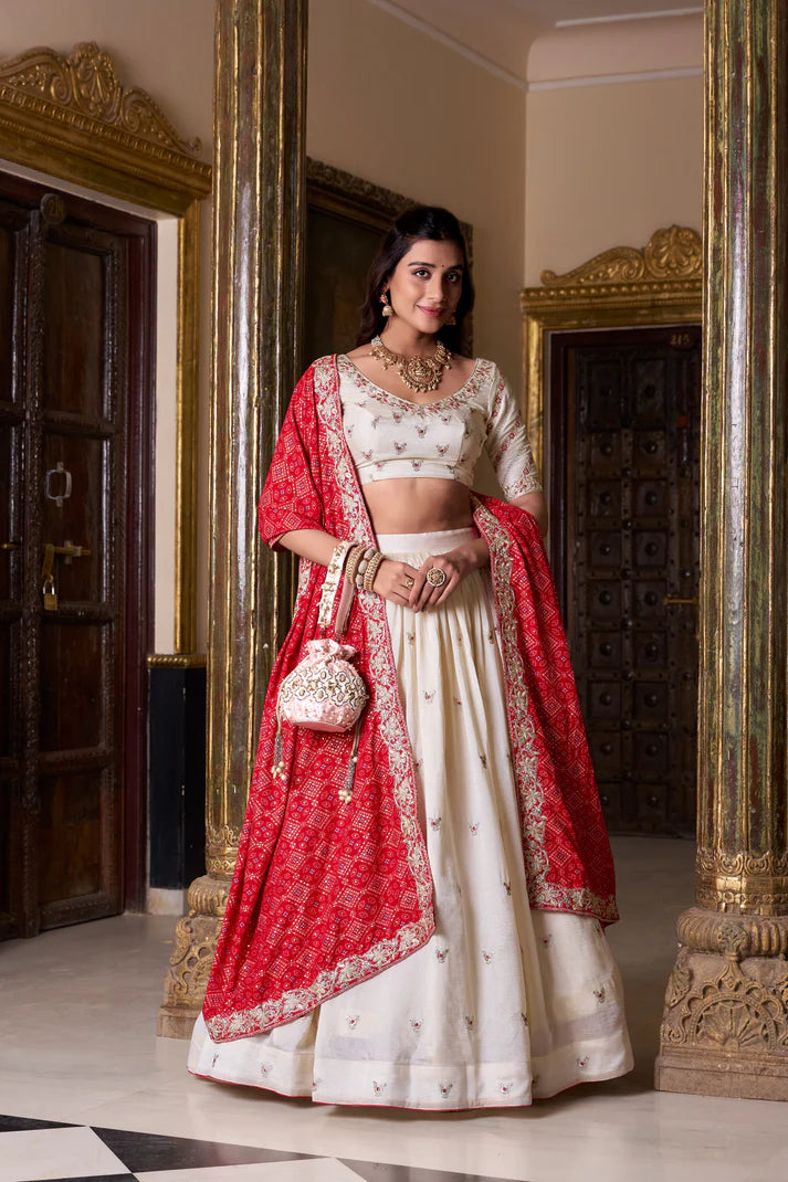 VICHITRA SILK EMBROIDERED LEHENGA CHOLI WITH BADHEJ PRINT DUPATTA(WD74)
