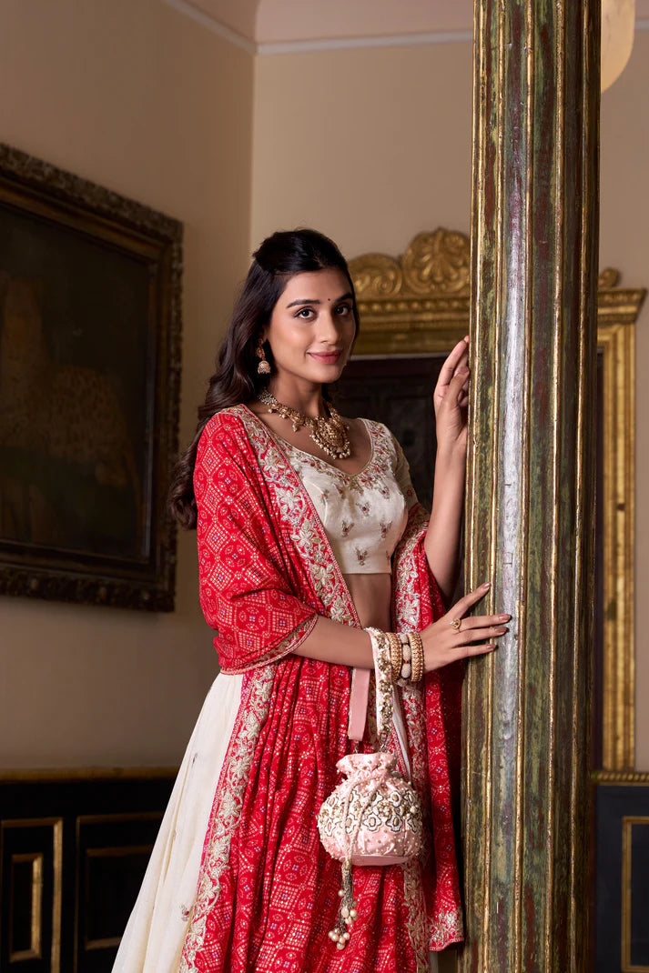 VICHITRA SILK EMBROIDERED LEHENGA CHOLI WITH BADHEJ PRINT DUPATTA(WD74)