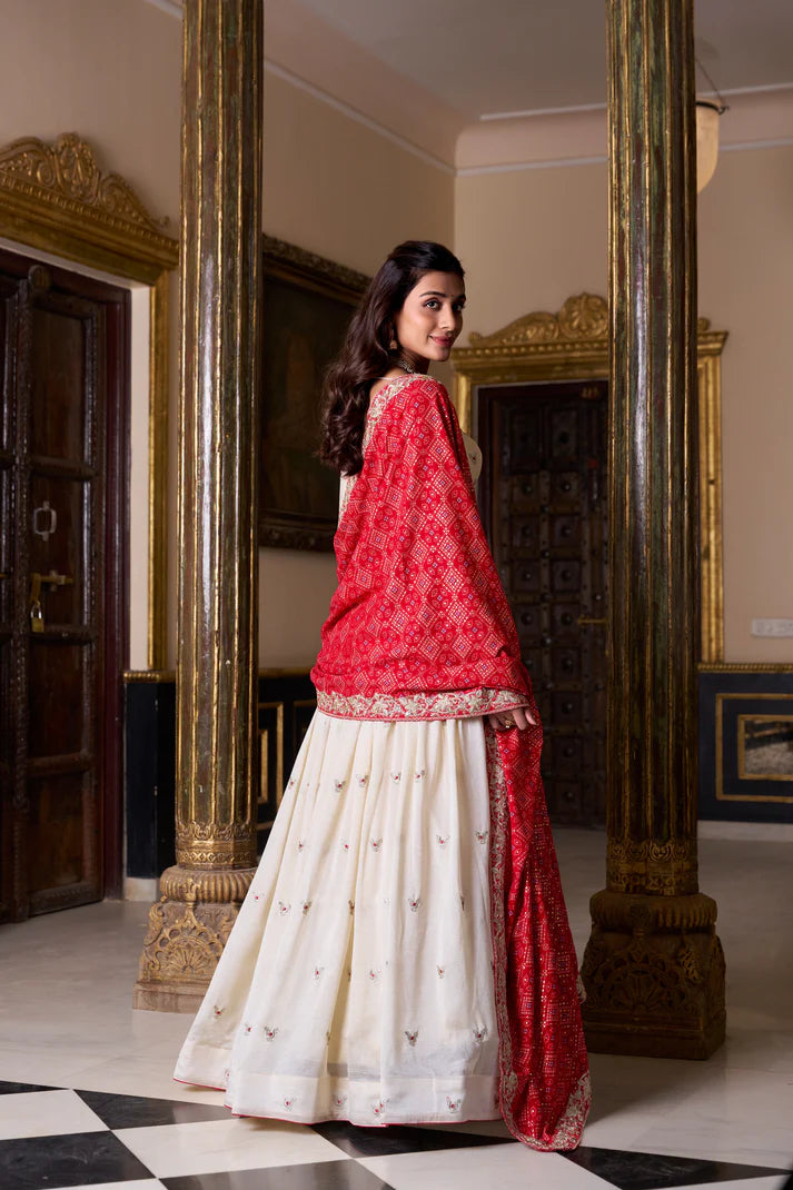 VICHITRA SILK EMBROIDERED LEHENGA CHOLI WITH BADHEJ PRINT DUPATTA(WD74)