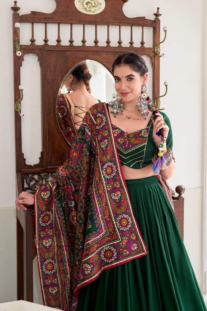 NAVRATRI SPECIAL TUSSAR SILK GAMTHI PRINT LEHENGA CHOLI WITH DUPATTA(WD190)
