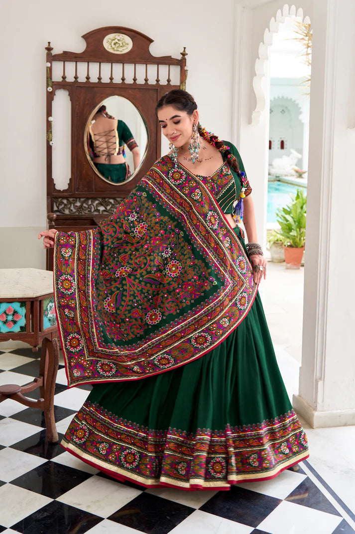 NAVRATRI SPECIAL TUSSAR SILK GAMTHI PRINT LEHENGA CHOLI WITH DUPATTA(WD190)