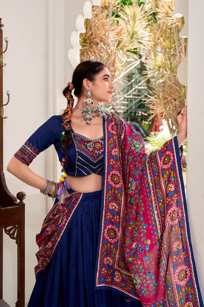 NAVRATRI SPECIAL TUSSAR SILK GAMTHI PRINT LEHENGA CHOLI WITH DUPATTA(WD190) (01)