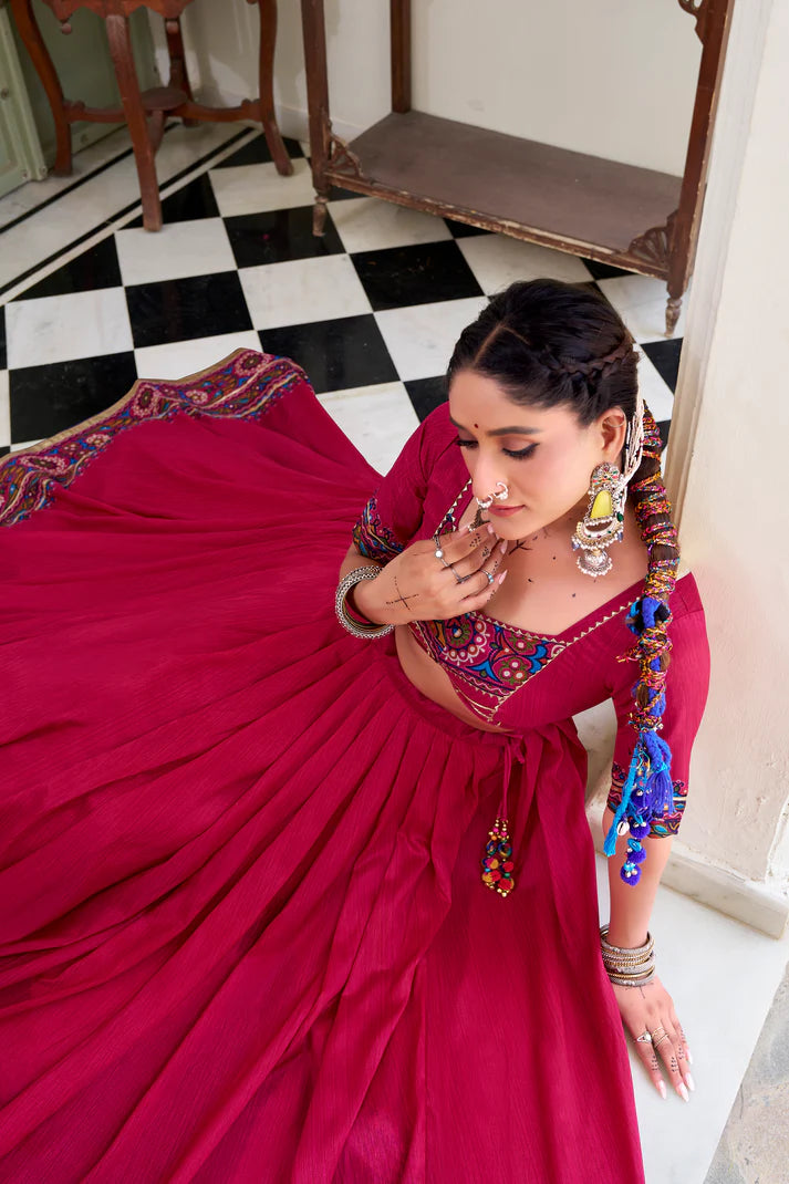 NAVRATRI SPECIAL TUSSAR SILK GAMTHI PRINT LEHENGA CHOLI WITH DUPATTA(WD190) (03)