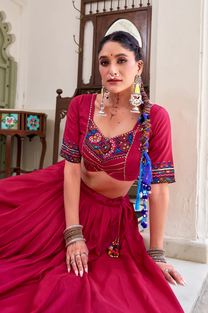 NAVRATRI SPECIAL TUSSAR SILK GAMTHI PRINT LEHENGA CHOLI WITH DUPATTA(WD190) (03)