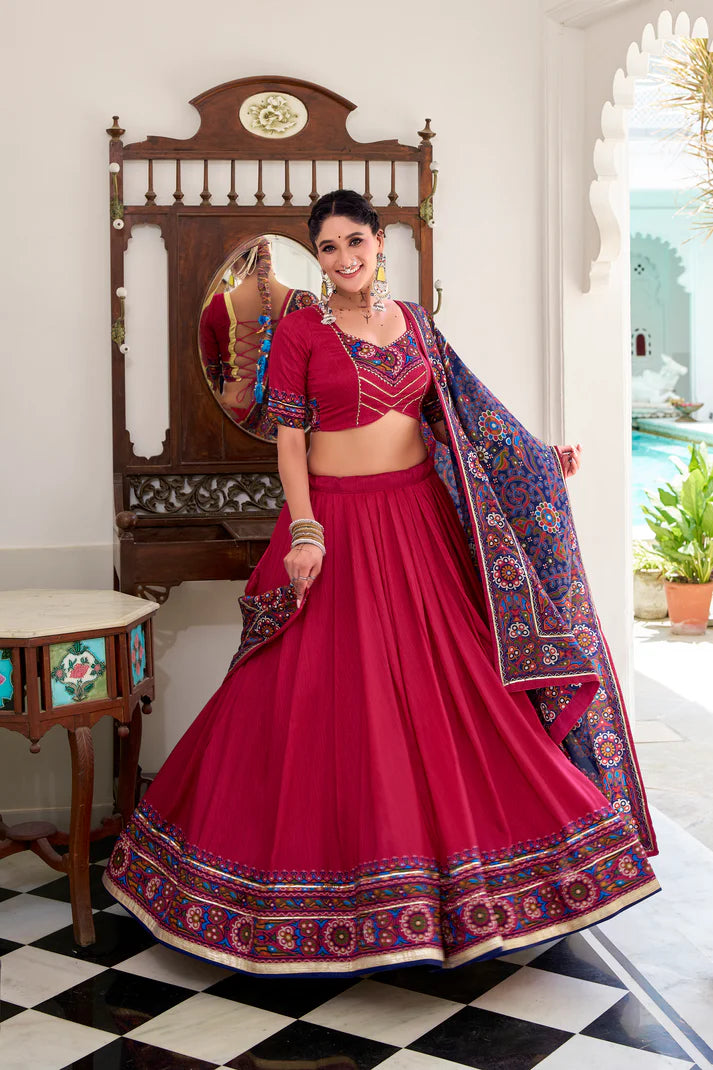 NAVRATRI SPECIAL TUSSAR SILK GAMTHI PRINT LEHENGA CHOLI WITH DUPATTA(WD190) (03)