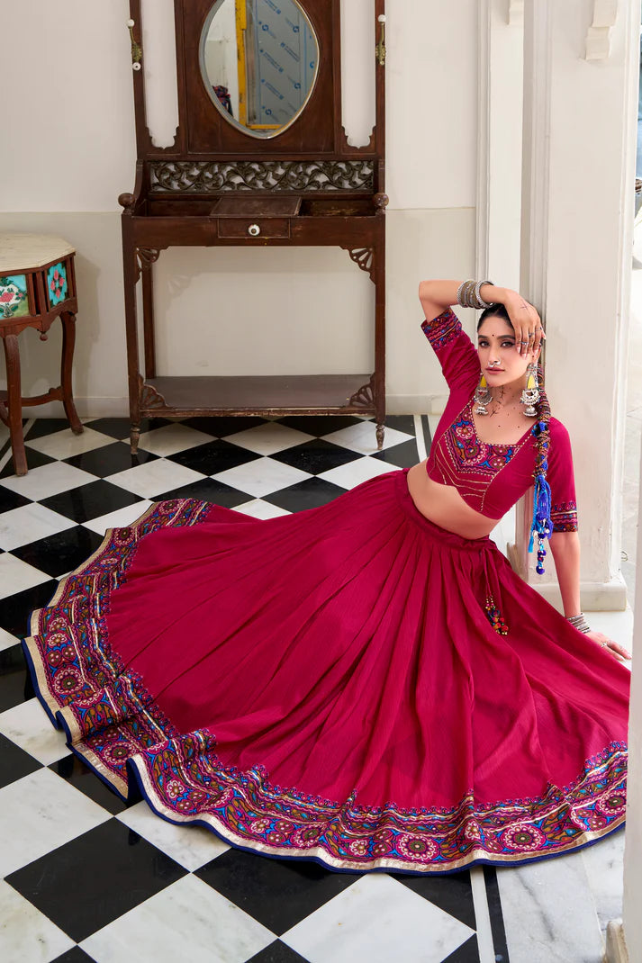 NAVRATRI SPECIAL TUSSAR SILK GAMTHI PRINT LEHENGA CHOLI WITH DUPATTA(WD190) (03)