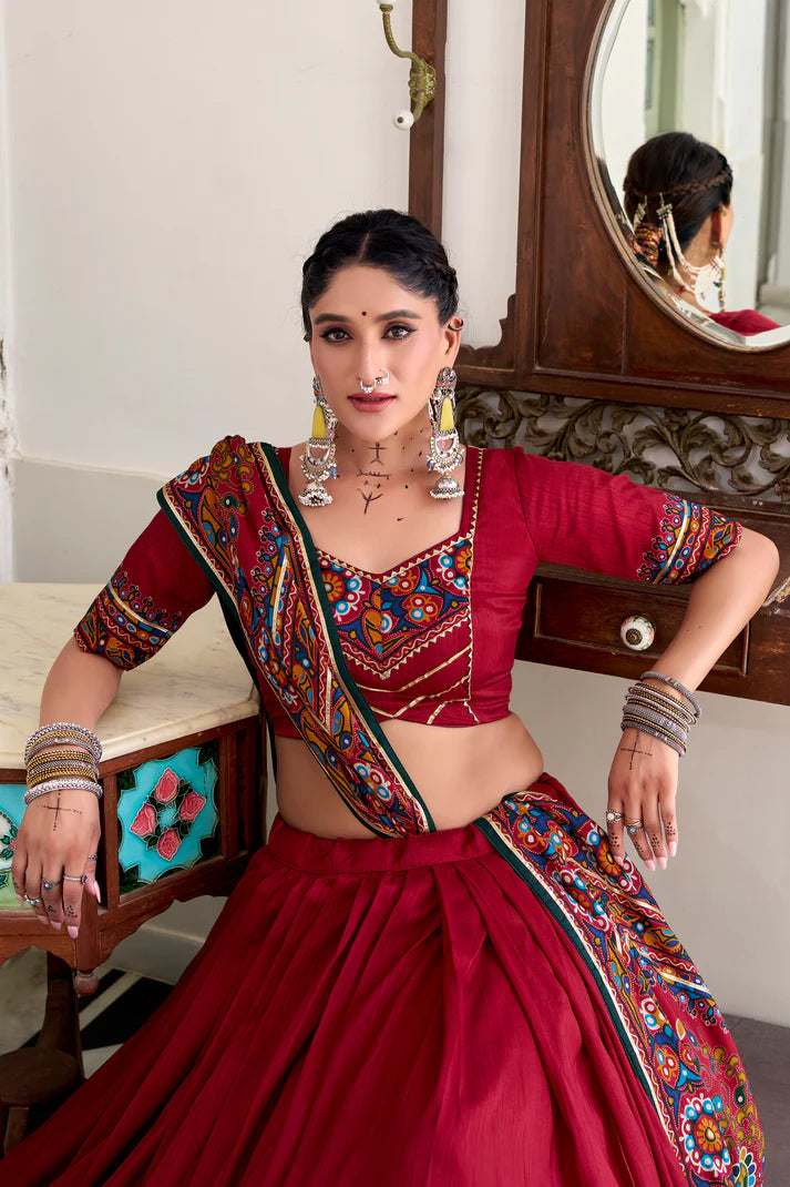 NAVRATRI SPECIAL TUSSAR SILK GAMTHI PRINT LEHENGA CHOLI WITH DUPATTA(WD190) (02)