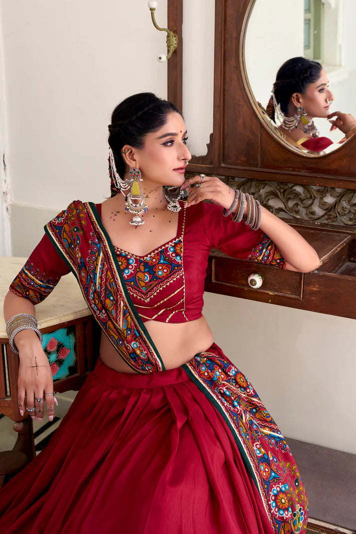 NAVRATRI SPECIAL TUSSAR SILK GAMTHI PRINT LEHENGA CHOLI WITH DUPATTA(WD190) (02)