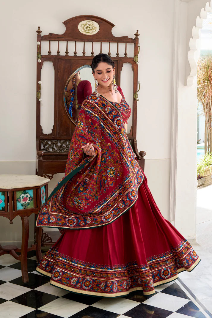 NAVRATRI SPECIAL TUSSAR SILK GAMTHI PRINT LEHENGA CHOLI WITH DUPATTA(WD190) (02)