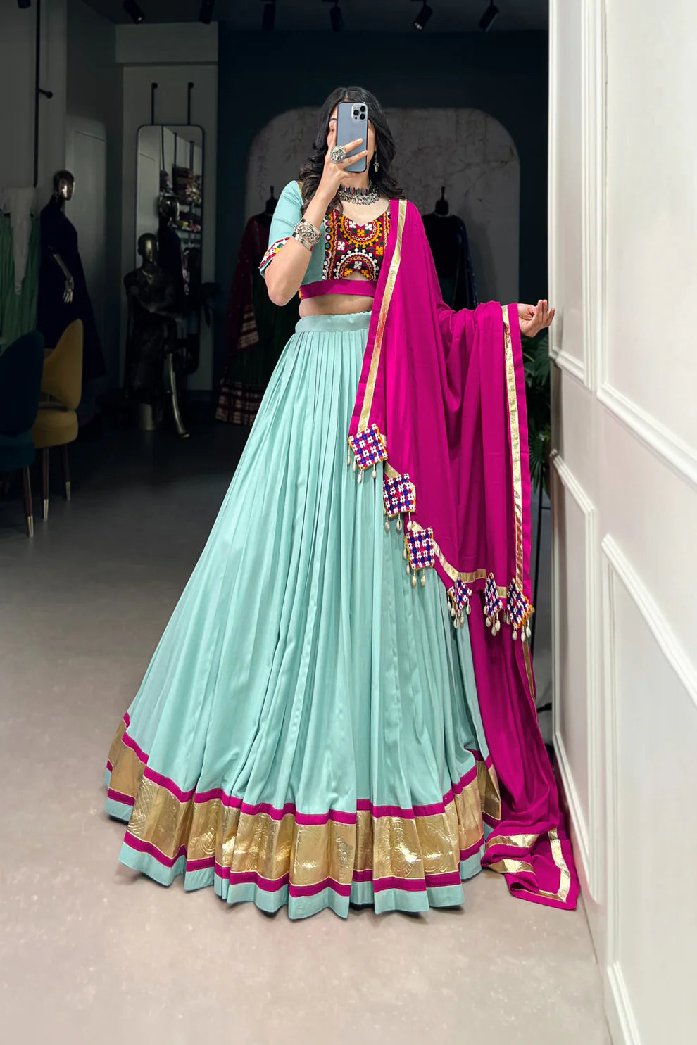 NAVRATRI SPECIAL GAMTHI WORK PURE RAYON LEHENGA CHOLI WITH DUPATTA(WD174)