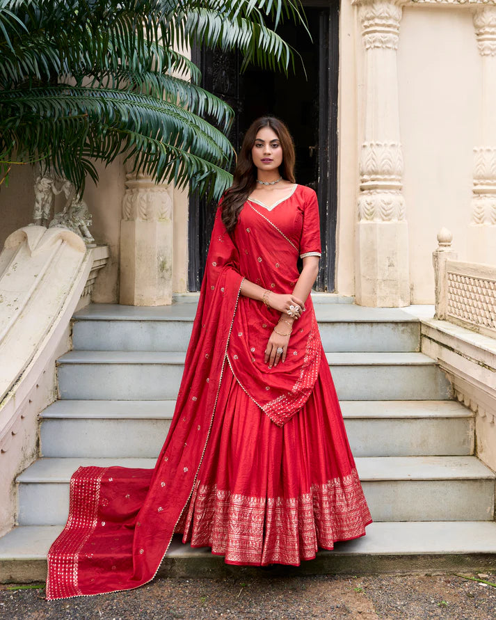 PURE CHANDERI ZARI WEAVING LEHENGA CHOLI WITH SEQUINS EMBROIDERED DUPATTA(WD95) (06)