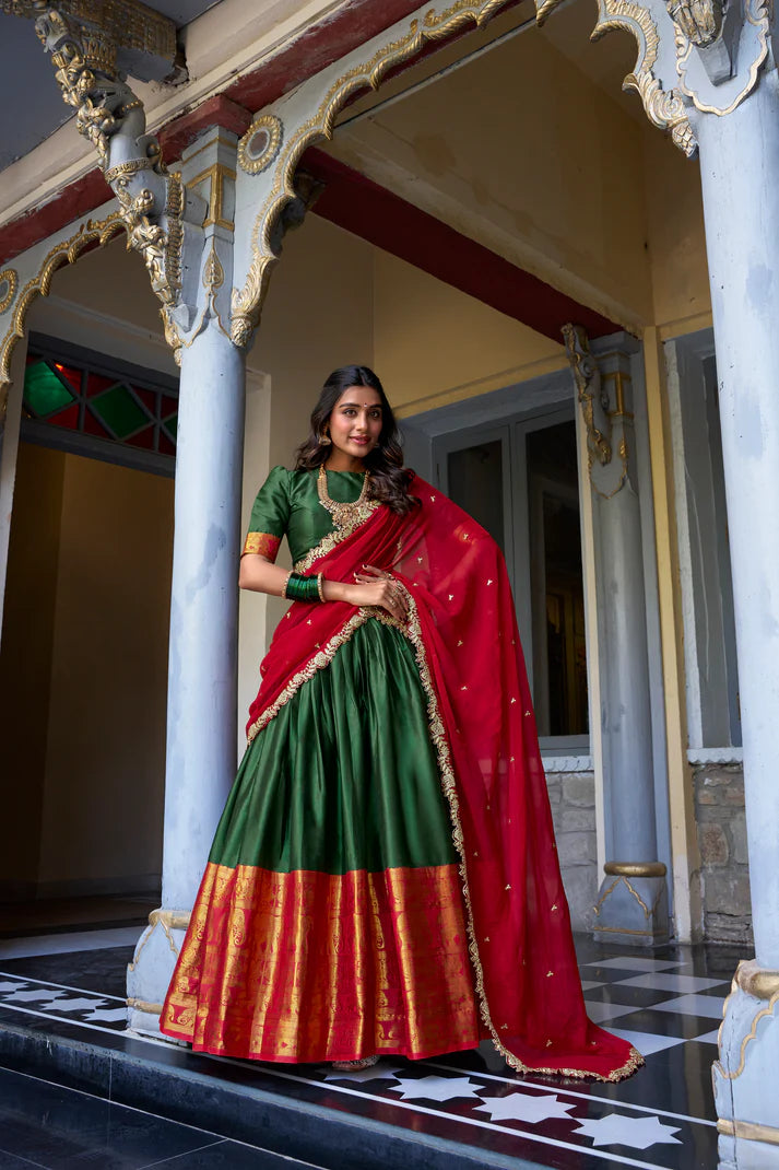 NARAYAN PATTU LEHENGA CHOLI WITH GEORGETTE EMBROIDERED DUPATTA(WD97)(01)