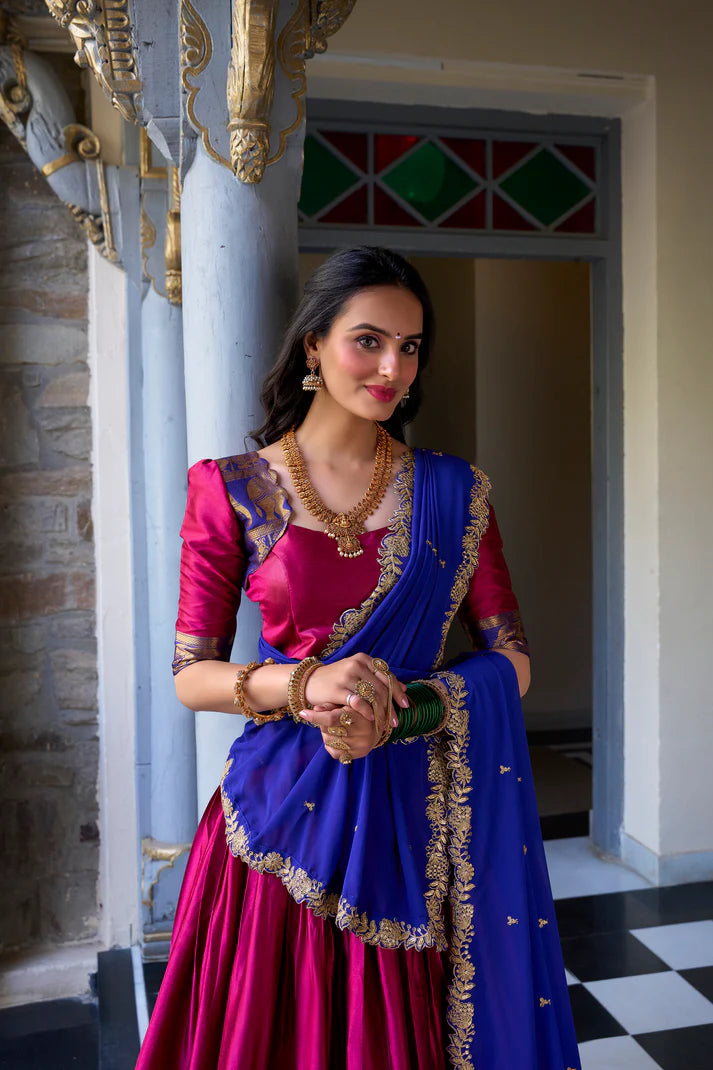 NARAYAN PATTU LEHENGA CHOLI WITH GEORGETTE EMBROIDERED DUPATTA(WD97)(02)