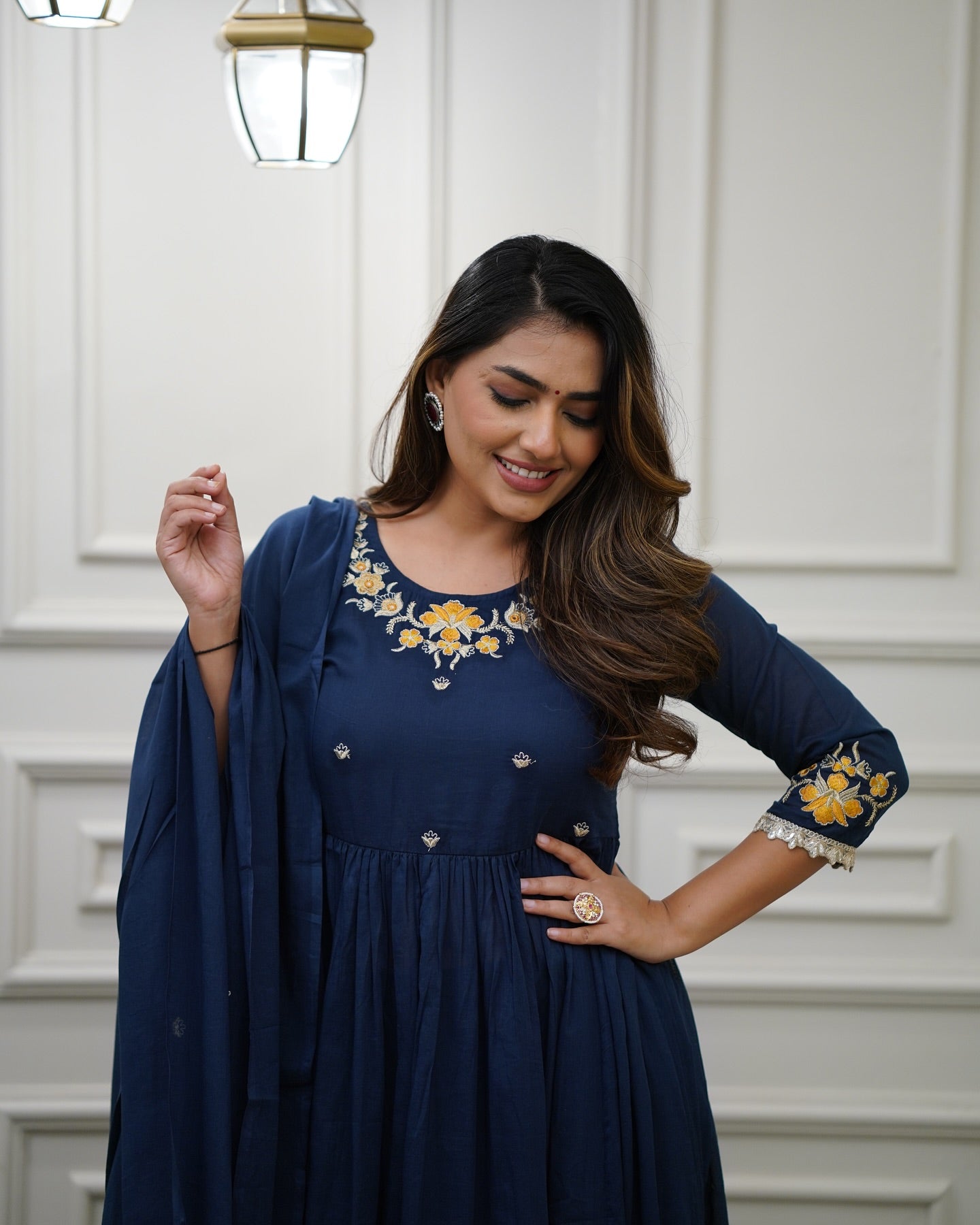 Kurta with hand with Embroidery work detailing on women's printed cotton kurta pant or dupatta set(NFRD465)