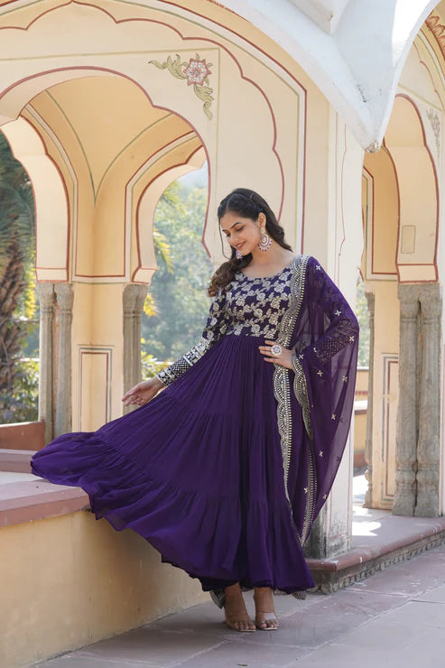 Faux Blooming gown with Viscose Dyable Jacquard With Sequins Embroidered Work Faux Blooming Dupatta(WD169)