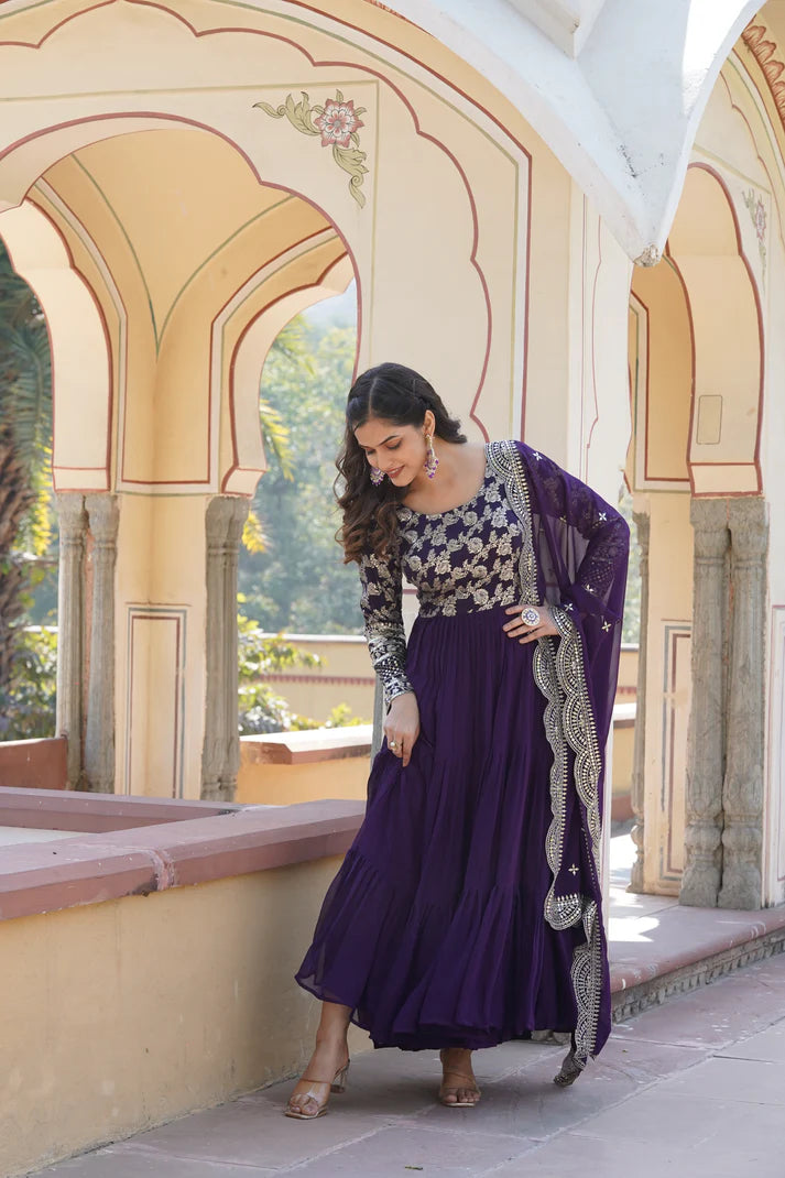 Faux Blooming gown with Viscose Dyable Jacquard With Sequins Embroidered Work Faux Blooming Dupatta(WD169)