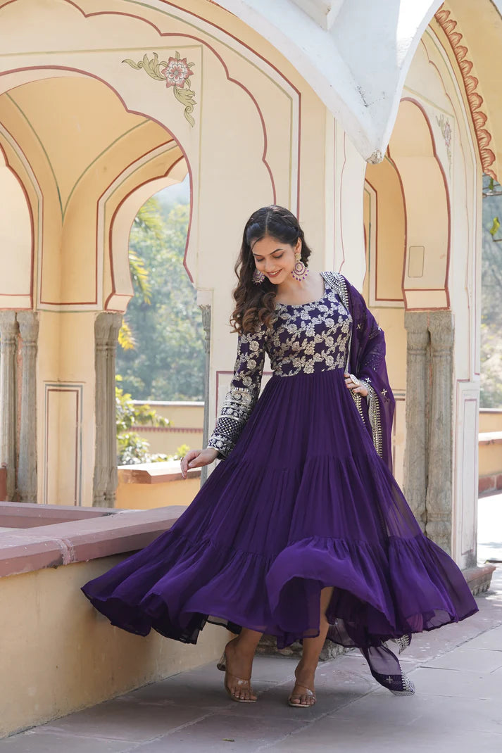 Faux Blooming gown with Viscose Dyable Jacquard With Sequins Embroidered Work Faux Blooming Dupatta(WD169)