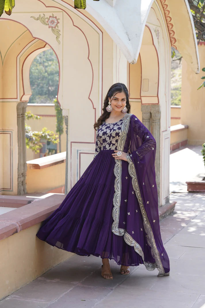 Faux Blooming gown with Viscose Dyable Jacquard With Sequins Embroidered Work Faux Blooming Dupatta(WD169)