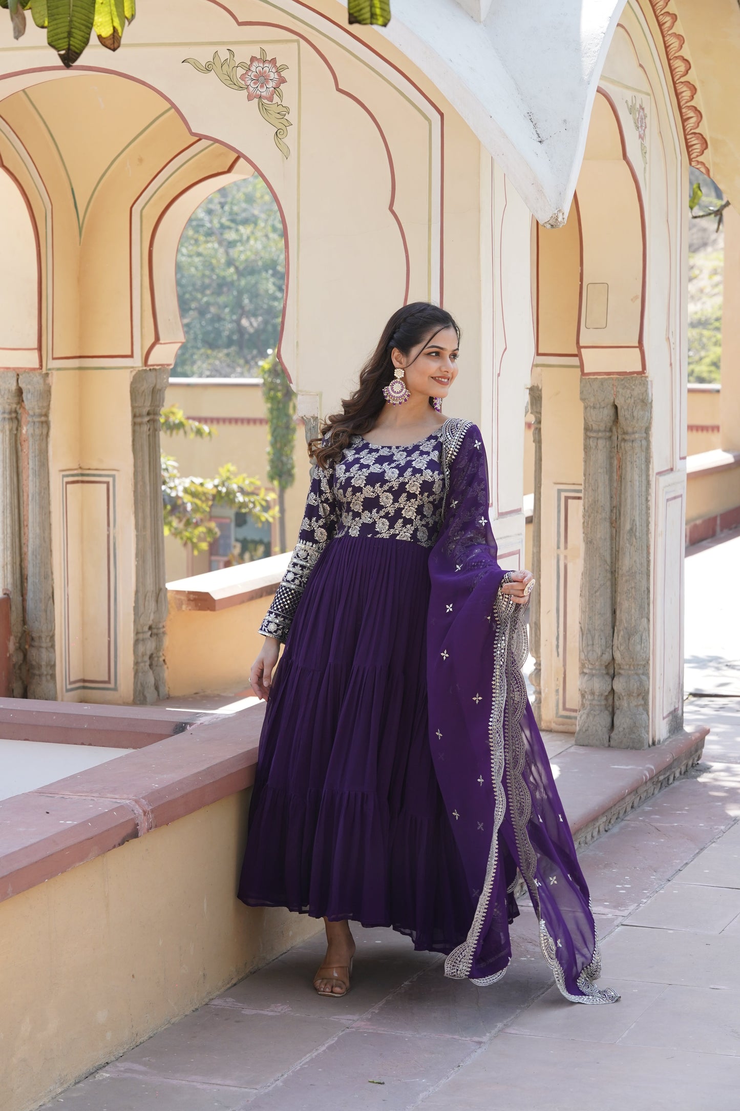 Tilton Faux Blooming gown with Viscose Dyable Jacquard With Sequins Embroidered Work Faux Blooming Dupatta