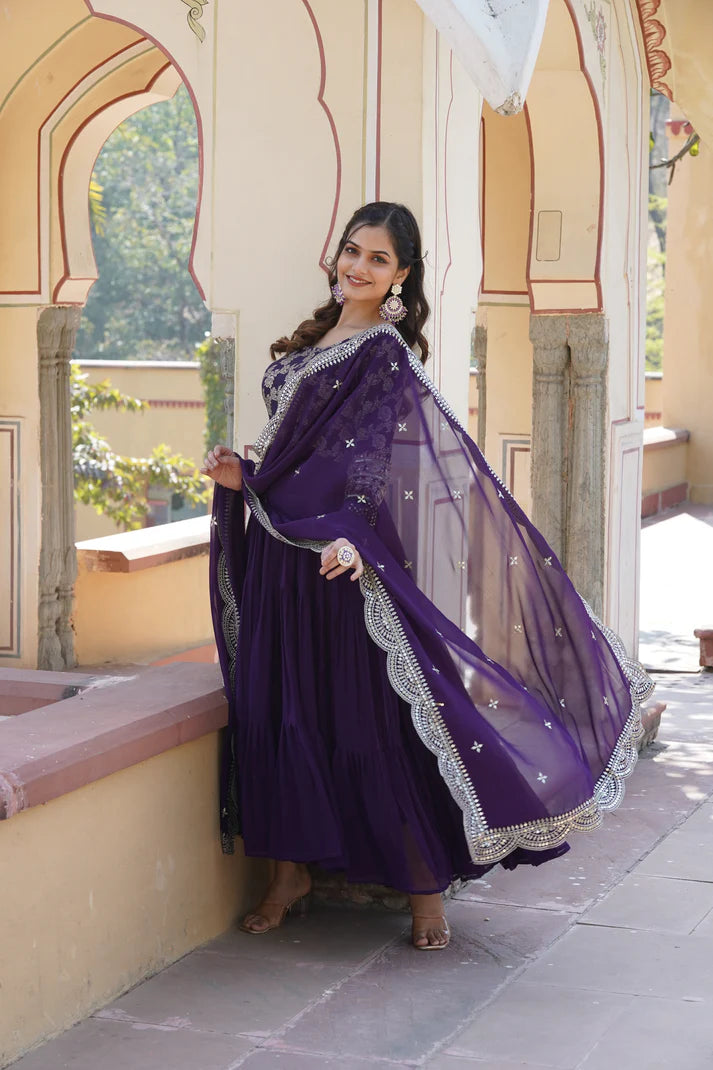Faux Blooming gown with Viscose Dyable Jacquard With Sequins Embroidered Work Faux Blooming Dupatta(WD169)