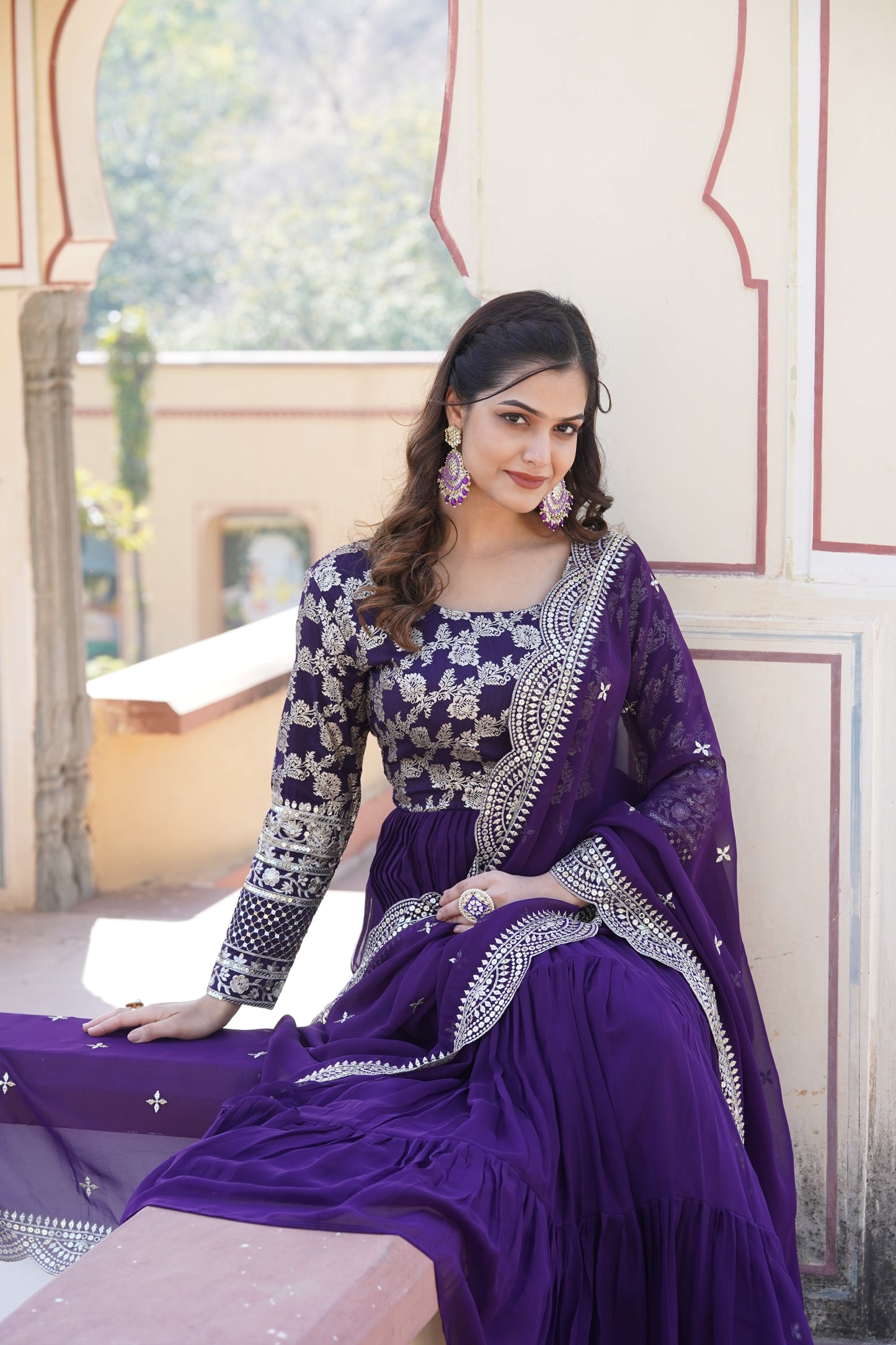 Tilton Faux Blooming gown with Viscose Dyable Jacquard With Sequins Embroidered Work Faux Blooming Dupatta