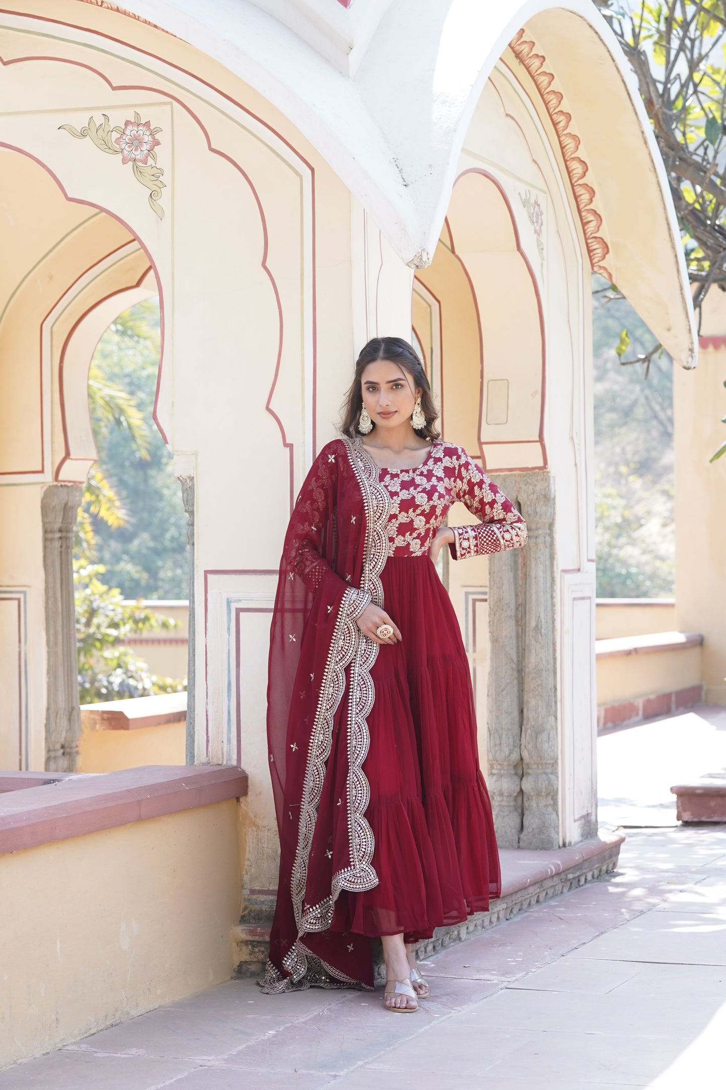 Tilton Faux Blooming gown with Viscose Dyable Jacquard With Sequins Embroidered Work Faux Blooming Dupatta