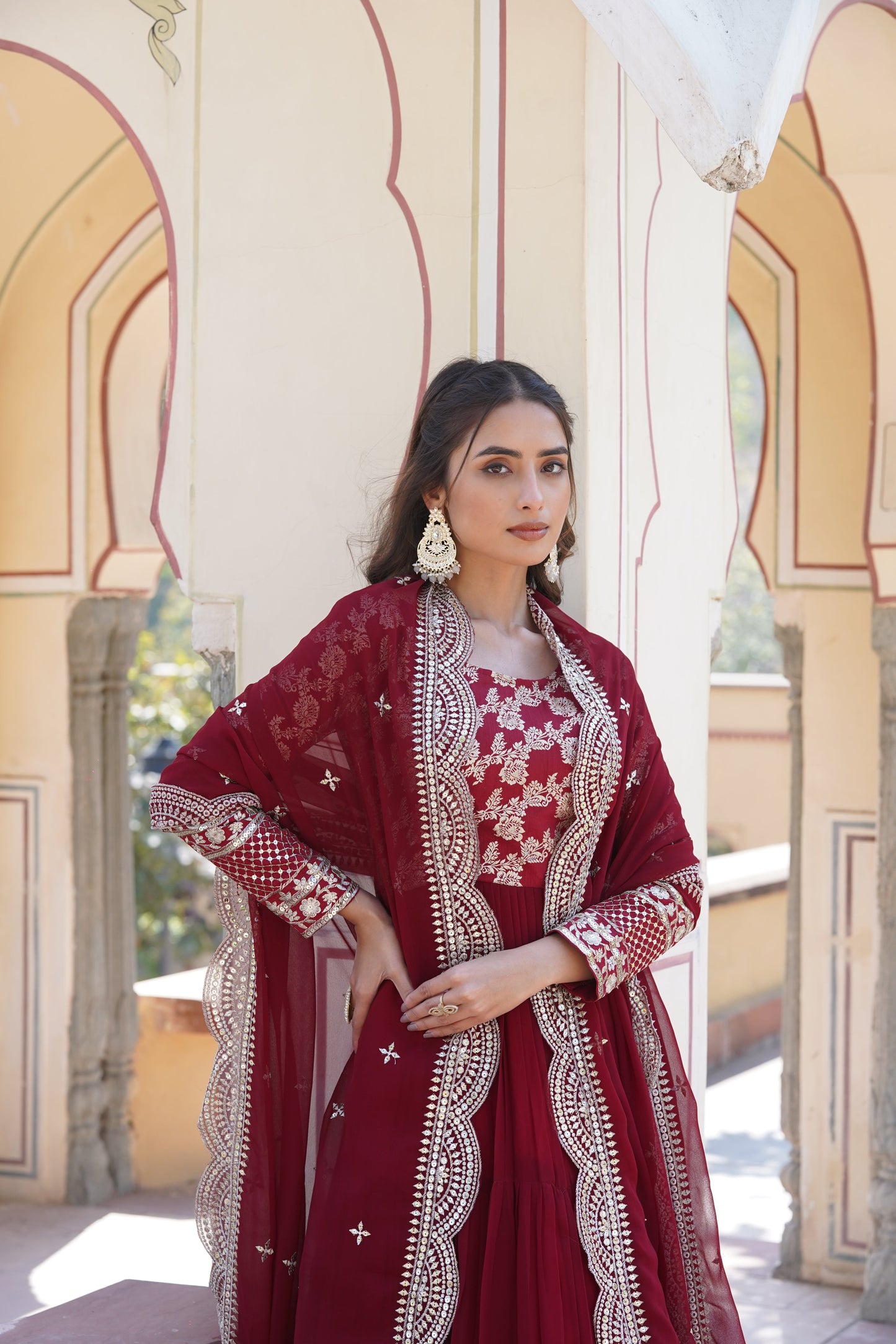 Tilton Faux Blooming gown with Viscose Dyable Jacquard With Sequins Embroidered Work Faux Blooming Dupatta