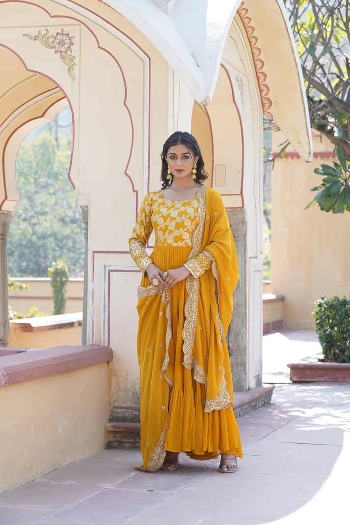 Faux Blooming gown with Viscose Dyable Jacquard With Sequins Embroidered Work Faux Blooming Dupatta(WD38) (01)