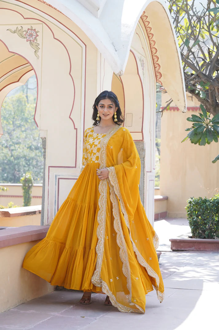 Faux Blooming gown with Viscose Dyable Jacquard With Sequins Embroidered Work Faux Blooming Dupatta(WD38) (01)